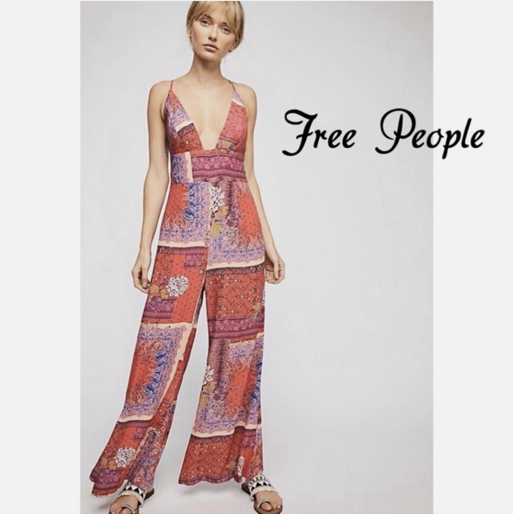 Free People Margarita Women's Red Paisley Jumpsuit